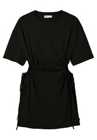 Svart t-shirt med korta ärmar, med justerbar sidofållning och dragsko för anpassad passform. Tillverkad av mjukt tyg.