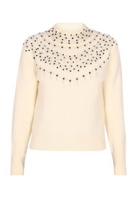 Pulover crema cu un tricotaj texturat. Partea superioară decorată cu embellishments negre și transparente de diverse dimensiuni. Manșete și margine ribbate.