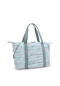 Light blue tote bag with a leaf pattern, gray straps, and zip closure. Features soft fabric with slight texture and a spacious design.
