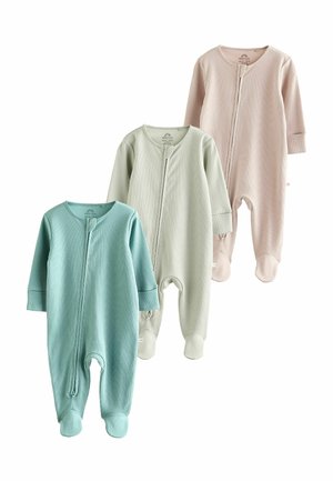 Drei Baby-Body aus geripptem Material: einer in Teal, einer in Hellgrün und einer in Rosa. Jeder hat einen Frontreißverschluss und einen Füßlingen.