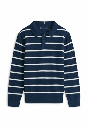 Marineblauer langärmeliger Polopullover mit weißen horizontalen Streifen, zwei Knöpfen an der Knopfleiste und einem kleinen Logo auf der Brust.