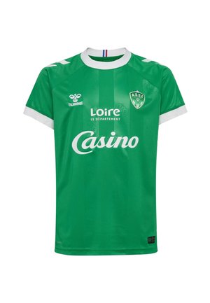 Grünes kurzärmliges Fußballtrikot mit weißem Kragen und Ärmelsäumen, ASSE Vereinsabzeichen, Hummel-Logo sowie Casino- und Loire-Sponsortext.