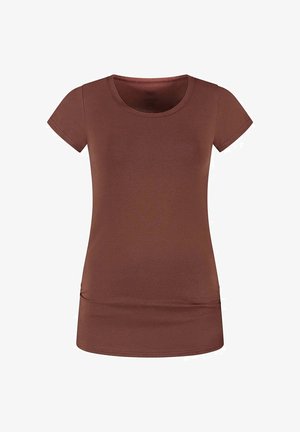 Ruskea, naisten lyhythihainen vartalonmyötäinen t-paita, jossa on pyöreä kaula-aukko, valmistettu sileästä kankaasta, esitetty valkoisella taustalla.