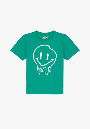 Türkises Baumwoll-T-Shirt mit einem großen weißen Smiley-Gesicht-Design mit Tropfeneffekt, kurzen Ärmeln und Rundhalsausschnitt.