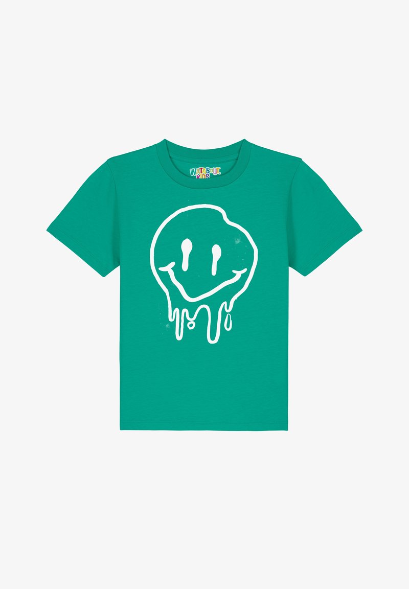 Türkises Baumwoll-T-Shirt mit einem großen weißen Smiley-Gesicht-Design mit Tropfeneffekt, kurzen Ärmeln und Rundhalsausschnitt.