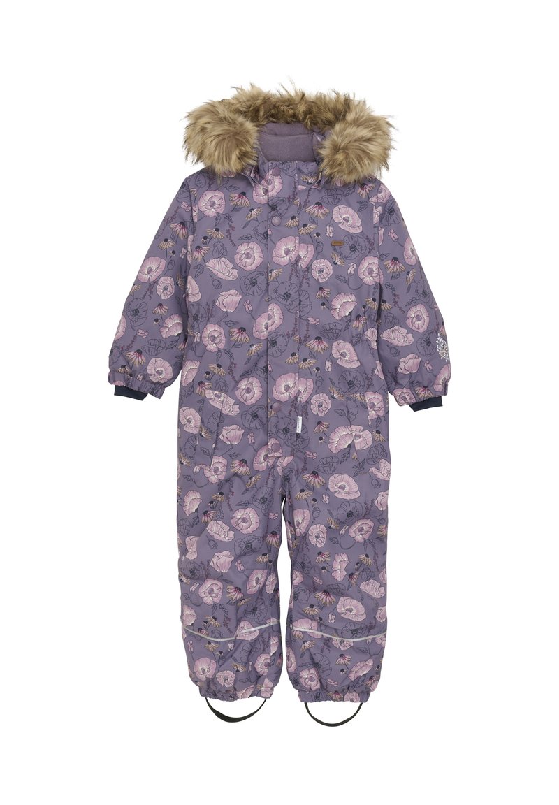 Lilla polstret heldragt med blomster mønstre, faux fur hætte, elastiske manchetter og fodstropper for en sikker pasform. Isoleret for varme.