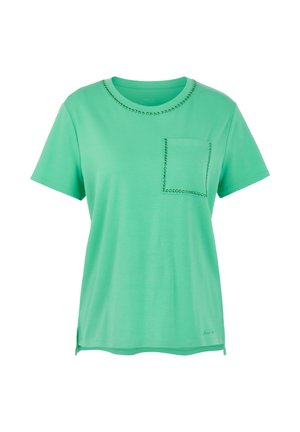 Mintgrünes T-Shirt mit kurzen Ärmeln, Rundhalsausschnitt und Brusttasche, beide mit kleinen Metallnieten eingefasst.