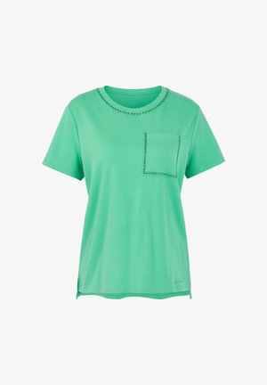 Mintgrünes T-Shirt mit kurzen Ärmeln, Rundhalsausschnitt und Brusttasche, beide mit kleinen Metallnieten eingefasst.