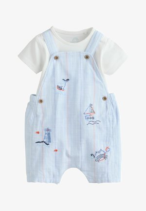 Balti trumpomis rankovėmis marškinėliai su šviesiai mėlynomis dryžuotomis petnešomis, puoštomis išsiuvinėtais banginio, burlaivio, švyturio, žuvies ir krabų piešiniais.