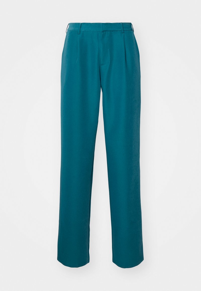 Teal, straight-leg trousers with pleats at the waist. Made from lightweight fabric, smooth texture, finished hem with no visible hardware.
