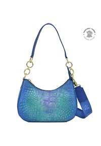 Krokodillenleer handtas in een verloop van blauw en groen, met een gebogen vorm, gouden hardware en twee afneembare schouderbanden.