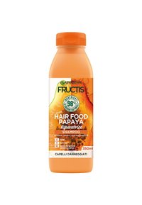 Shampoo Garnier Fructis Hair Food Papaya in una bottiglia trasparente, liquido arancione, con un'etichetta testurizzata e dettagli verdi e bianchi. 350ml.