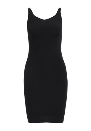 Musthave teksaskleid, millel on V-kurgus. Üksikasjalik disain, sile tekstuur, keskmise reie pikkus, valmistatud venivast kangast.