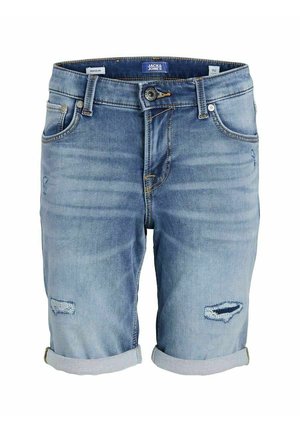 Jeansshorts in Hellblau mit einem verblassten Waschlook, umgeschlagenen Säumen und ausgefransten Details an den Beinen. Verfügt über fünf Taschen und einen Knopfverschluss.