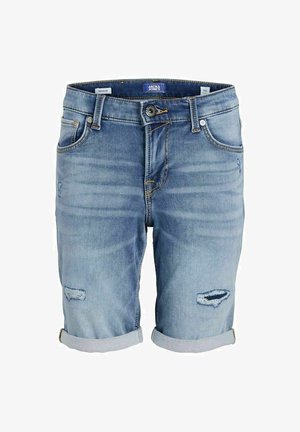 Leren denim shorts in lichtblauw met een vervaagde was, opgerolde cuffs en rafelige details op de benen. Beschikt over vijf zakken en een knoopsluiting.