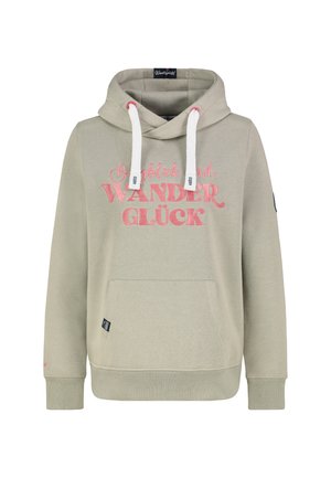 Hellbeige Kapuzenpullover mit weißen Kordeln und rosa Aufdruck "WANDER GLÜCK" auf der Vorderseite, mit einer Fronttasche und gerippten Bündchen.