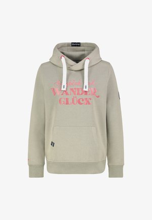 Hellbeige Kapuzenpullover mit weißen Kordeln und rosa Aufdruck "WANDER GLÜCK" auf der Vorderseite, mit einer Fronttasche und gerippten Bündchen.