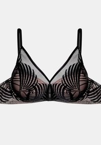 Czarna koronkowa biustonosz typu bralette w kształcie trójkąta z kwiatowym wzorem, regulowanymi ramiączkami i przezroczystą nakładką o gładkim wykończeniu.