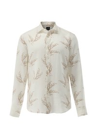 Langarmhemd aus cremefarbenem Stoff mit einem dezenten beigen Blumenmuster, ausgestattet mit einem klassischen Kragen und einer durchgehenden Knopfleiste.