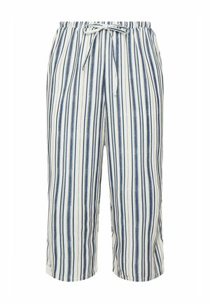 Witte cropped broek met verticale marineblauwe strepen en een elastische tailleband met een strikkoord aan de voorkant.