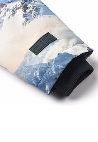 Manche de veste isolée avec un imprimé montagne bleue, un poignet côtelé noir et un patch noir texturé avec un motif en grille.