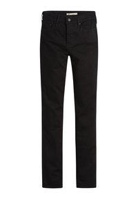 Jeans de mezclilla negra con un diseño de pierna recta, cinco bolsillos y cierre de botón. Textura suave con mínima costura visible.