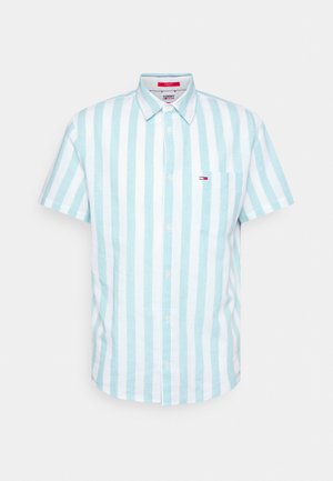 Short-sleeve button-up shirt in light blue and white vertical stripes, made of a breathable fabric, featuring a chest pocket and brand logo.