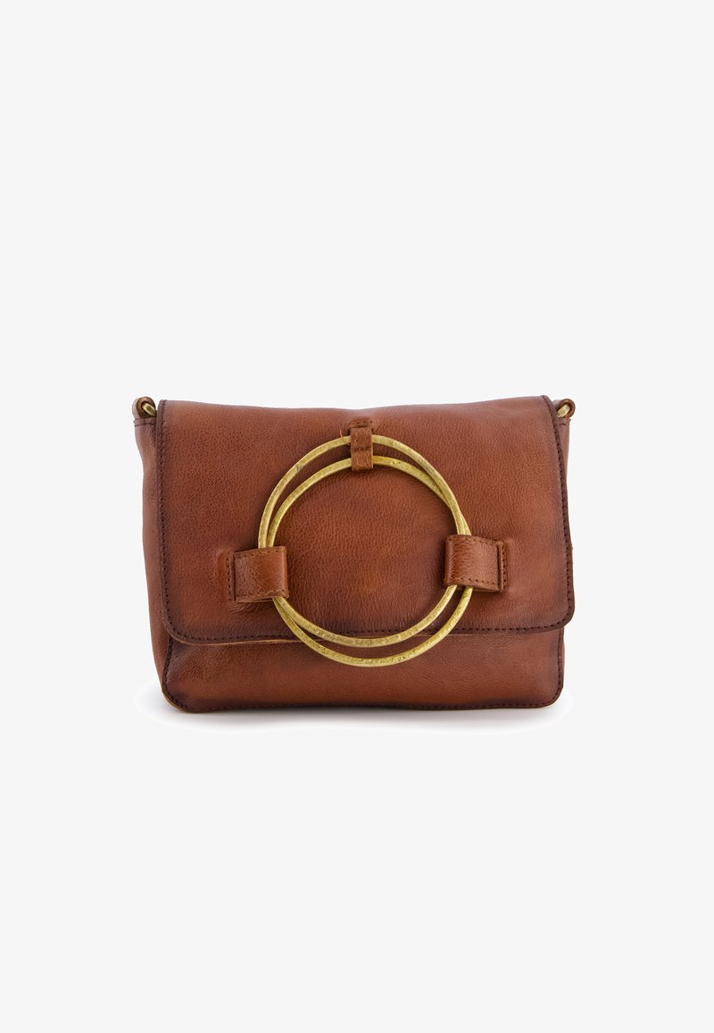 Brown leather crossbody bag with a flap, featuring a large gold circular accent on the front and two small leather straps for detail.