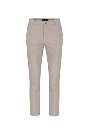 Beżowe spodnie chino o slim fit, z zapięciem na guzik, paskami na pasek i gładką teksturą. Brak widocznych wzorów lub dodatków.