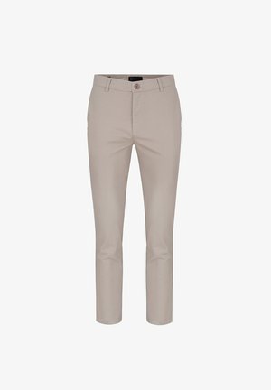 Beżowe spodnie chino o slim fit, z zapięciem na guzik, paskami na pasek i gładką teksturą. Brak widocznych wzorów lub dodatków.