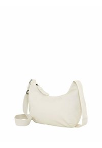 Borsa a tracolla in pelle bianca con forma curva, tracolla regolabile e superficie liscia. Presenta un logo goffrato discreto e una piccola tracolla staccabile.