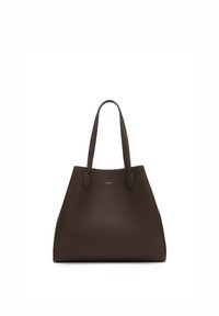 Brown leather tote bag with smooth texture, open top, two handles, and minimalistic design. Features a logo on the front.