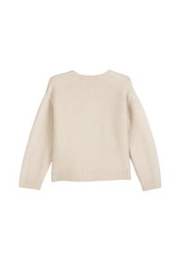 Kremowy sweter z dzianiny z długimi rękawami oraz ściągaczami na mankietach, dole i przy dekolcie, pokazany od tyłu na białym tle.