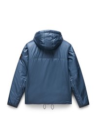 Blue padded jacket with a hood, featuring elastic cuffs, drawstring hem, and a logo detail on the left sleeve. Smooth, glossy texture.