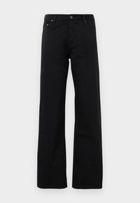 Sorte vidde jeans laget av denim, med knapp og glidelås i front, fem-lommers design og subtil logo-detalj på baksiden.