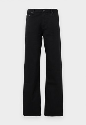 Black wide-leg jeans made from denim, featuring a front button and zipper, five-pocket design, and subtle logo detailing on the back.