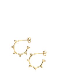 Ohrringe mit goldfarbener Beschichtung in Form von glatten Kreisen, die gleichmäßig verteilte kleine Kugelakzente am äußeren Rand aufweisen.