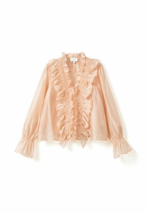 Gaiši persiku krāsas blūze ar garām piedurknēm, priekša ar volānu detaļām un aprocēm, viegla auduma un smalkas spīduma.