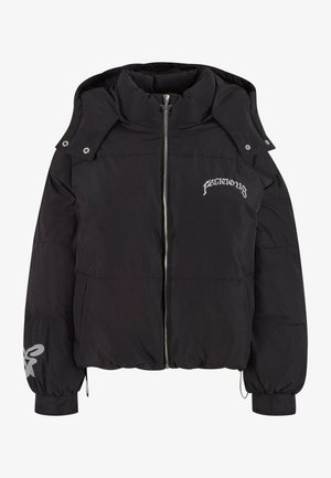 Black puffer jacket with a high collar, zip closure, and logo detail. Features elasticized cuffs and a drawstring hem for adjustable fit.