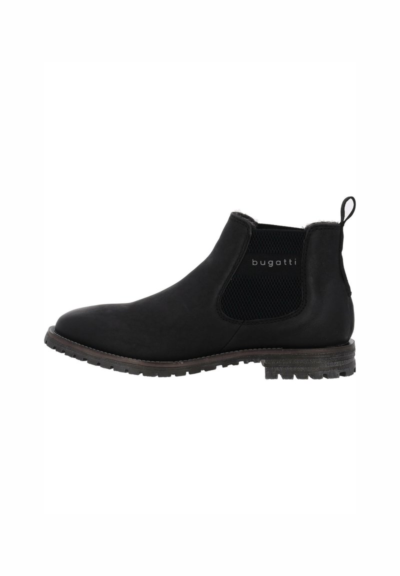 Botines de cuero negro con un upper liso, paneles laterales elásticos y una suela de goma texturizada. Presenta un logo en el lateral.