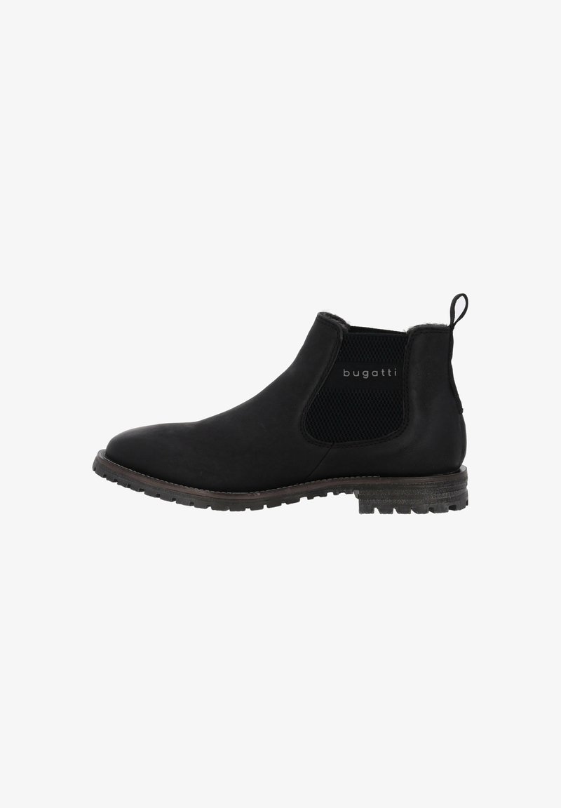 Bottines noires en cuir avec un dessus lisse, des empiècements latéraux élastiques et une semelle en caoutchouc texturée. Présente un logo sur le côté.