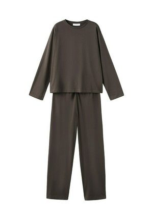 Dunkelbraunes Langarmoberteil und passende Hosen mit weitem Bein, schlichtes Design mit Rundhalsausschnitt und lockerer Passform.