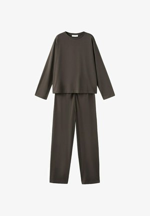 Dunkelbraunes Langarmoberteil und passende Hosen mit weitem Bein, schlichtes Design mit Rundhalsausschnitt und lockerer Passform.