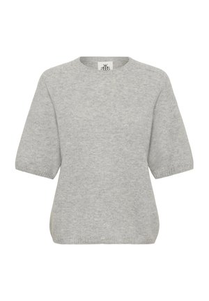 Šviesiai pilkas trumpomis rankovėmis megztinis, pagamintas iš minkštos megztos medžiagos. Savybės: apvalus kaklas ir gofruotos detalės rankovėse bei apačioje.