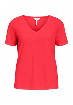 Rotes Damen-T-Shirt mit V-Ausschnitt, kurzen Ärmeln, entspanntem Schnitt und einem kleinen weißen Größenetikett am Halsausschnitt.