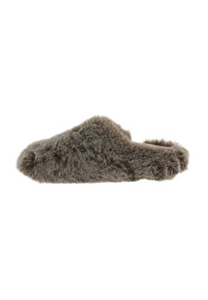 Faux fur tøfler i blød taupe, med en hyggelig, rund form og åben hæl. Tekstureret overflade med fluffy accenter langs kanterne.