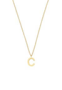 Złoty naszyjnik z cienkim łańcuszkiem i dużym, dużym w literze "C" wisiorkiem, gładka powierzchnia, minimalistyczny design, odpowiedni do codziennego noszenia.