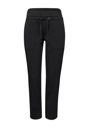 Pantalones jogger negros hechos de tela suave, con cintura ajustable con cordón, dos bolsillos laterales y piernas estrechas con puños de canalé.