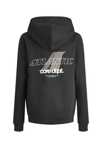 Schwarzer Kapuzenpullover mit großem, stilisiertem "ATLANTIC"-Text und "core dept."-Logo auf dem Rücken. Verfügt über eine Kordelzugkapuze und gerippte Bündchen.
