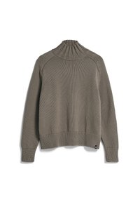 Pull tricoté en gris discret avec un col montant côtelé. Il présente des manches longues et une coupe décontractée, détaillé avec une texture tissée et des poignets côtelés.